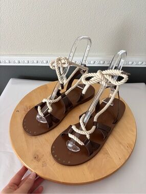 NEW J. Crew Brown Leather Gladiator Sandals with Cream Rope Ties Size 10